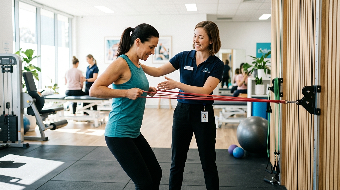 Patient performing functional multi-joint resistance band exercise guided by physiotherapist in clinic gym