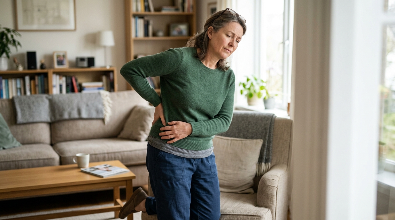 Adult standing in living room holding lower back and hip in persistent musculoskeletal ache and stiffness